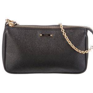 Fendi black calf leather pouchette with golden chain - 100% authentic